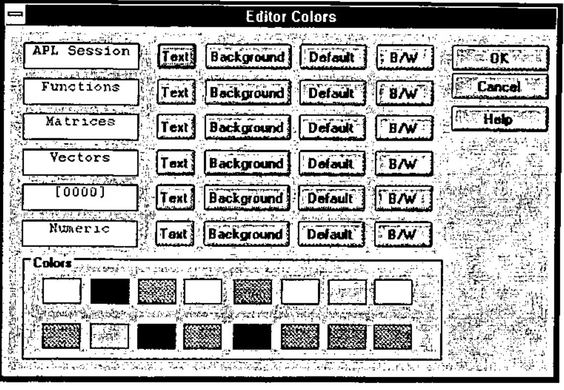 The Editor Colors dialog: Text, Background, Default and B/W buttons for APL Session, Functions, Matrices, Vectors, [0000] and Numeric, and a palette