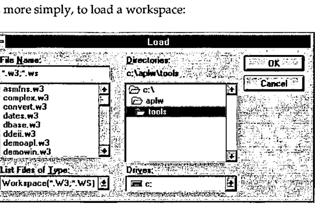 The Load dialog: workspace files asmfns.w3 to demowin.w3 in c:\aplw\tools