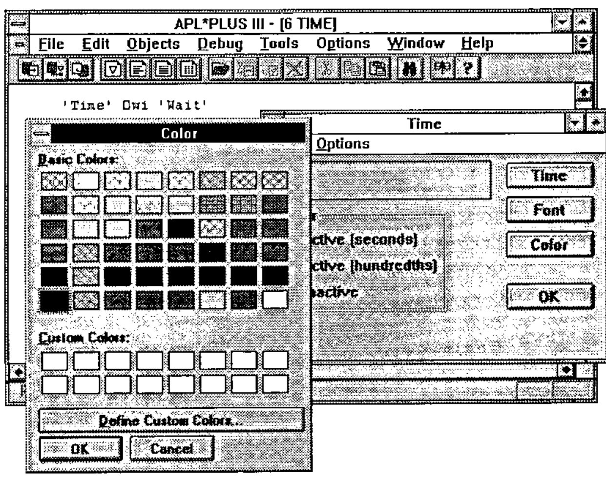 The APL*PLUS III session with the Windows Color dialog (Basic Colors, Custom Colors) open over the Time form