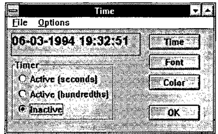The finished Time form showing 06-03-1994 19:32:51, with the Timer frame (Inactive selected) and Time, Font, Color and OK buttons