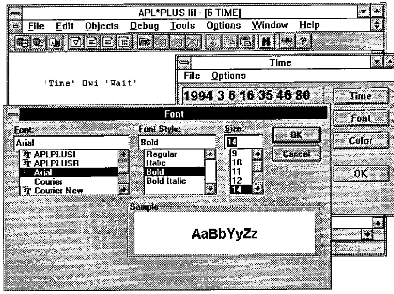 The APL*PLUS III session with the Windows Font dialog (Arial, Bold, 14, sample AaBbYyZz) over the Time form showing 1994 3 6 16 35 46 80