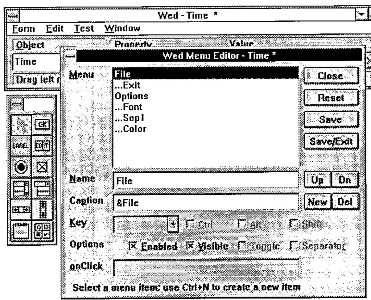 The Wed Menu Editor - Time window: the menu items File, …Exit, Options, …Font, …Sep1, …Color, with Name, Caption, Key, Options and onClick fields