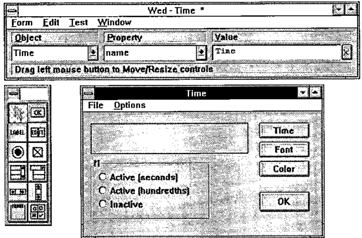 The Wed - Time editor window (Object, Property, Value), its tool palette, and the Time form with File and Options menus, a frame of three radio buttons and Time, Font, Color and OK buttons