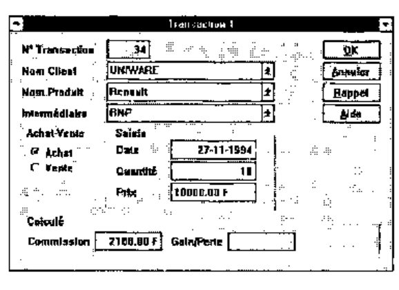 The Transaction 1 child form: N° Transaction 34, Nom Client UNIWARE, Nom Produit Renault, Intermédiaire BNP, Achat/Vente radio buttons, Date 27-11-1994, Quantité 10, Prix 10000.00 F, Commission 2100.00 F, with OK, Annuler, Rappel and Aide buttons