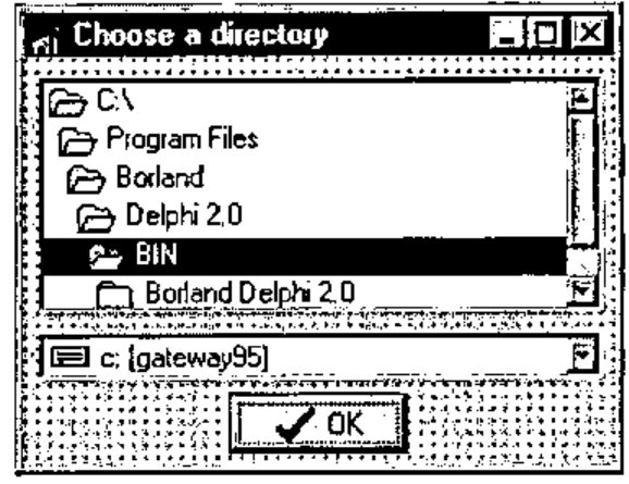 The form “Choose a directory” in design mode: a directory list from C:\ through Program Files, Borland and Delphi 2.0 to BIN, a drive combo box showing c: [gateway95], and an OK button