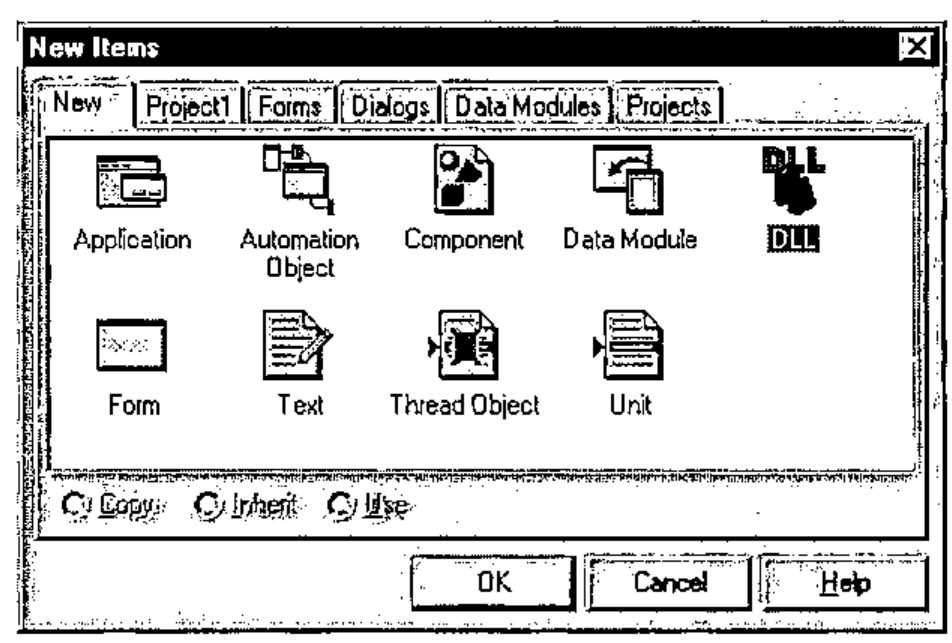Delphi’s New Items dialog, with icons for Application, Automation Object, Component, Data Module, DLL, Form, Text, Thread Object and Unit