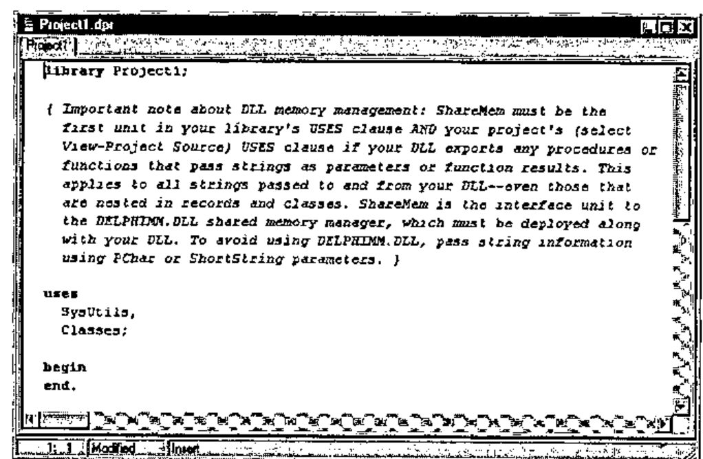 The editor window Project1.dpr: “library Project1;”, a comment about DLL memory management and ShareMem, “uses SysUtils, Classes;” and an empty begin … end.