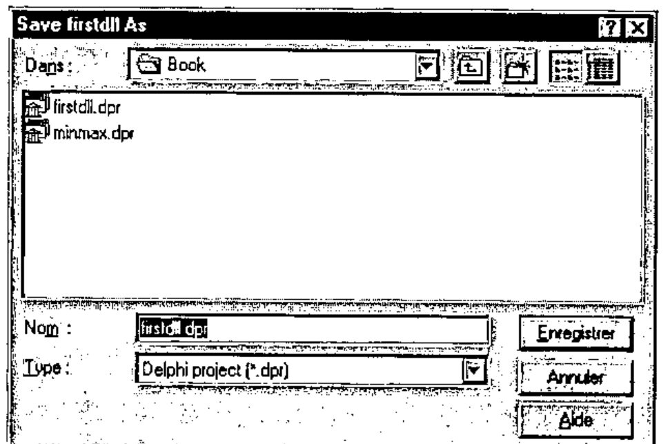 The Save firstdll As dialog, in the folder Book, listing firstdll.dpr and minmax.dpr