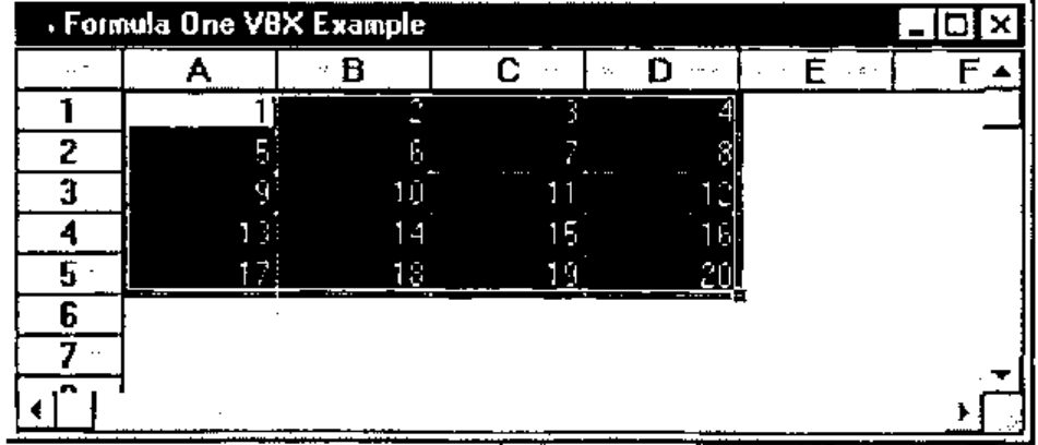 The grid with the numbers 1 to 20 in A1:D5, selected