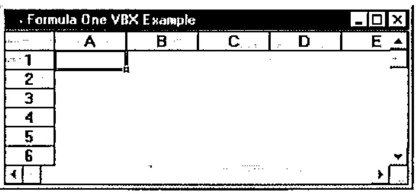 The Formula One VBX Example form with the grid filling it: columns A to E, rows 1 to 6