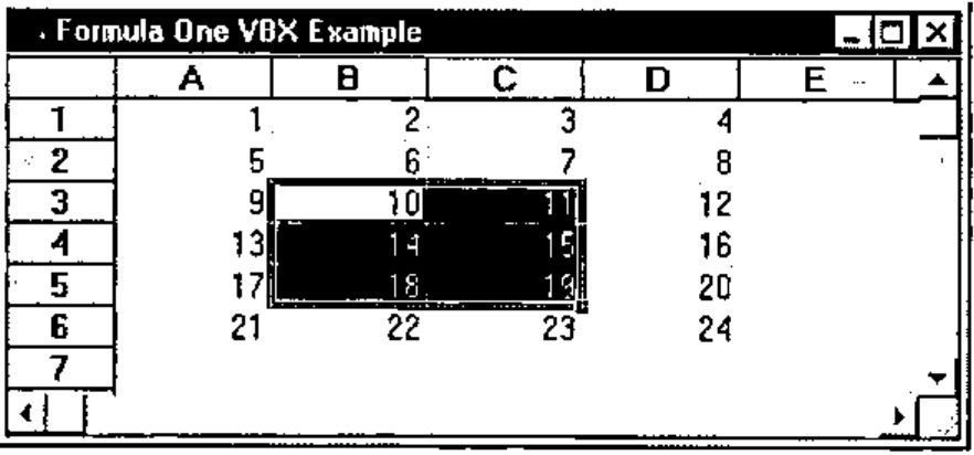 The grid with 1 to 24 in A1:D6 and B3:C5 selected