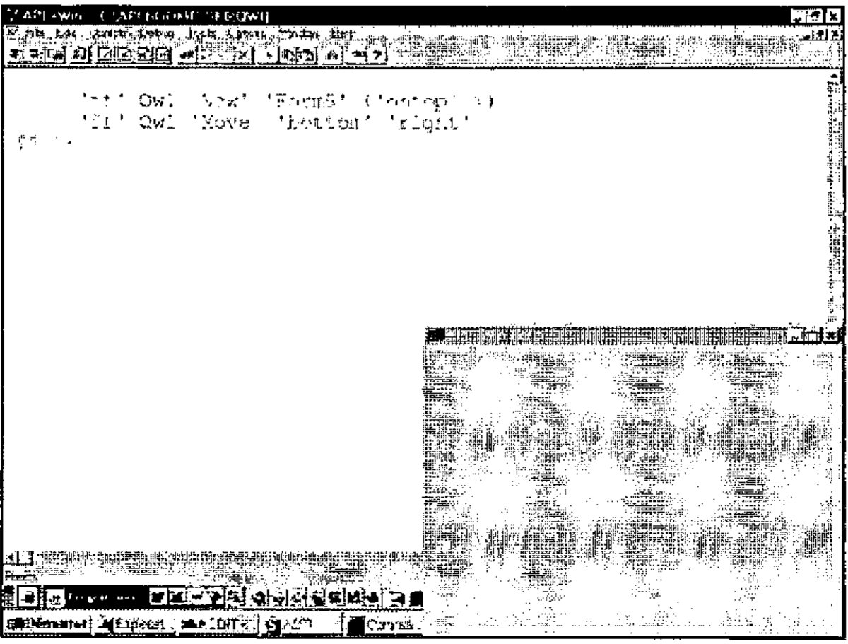 The APL+Win session, with the two expressions above in a large font, and the form ff moved to the bottom right corner of the screen