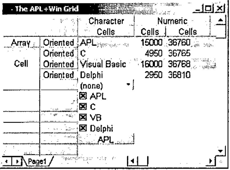 The grid with a (none) dropdown in row 5, check boxes APL, C, VB and Delphi in rows 6 to 9 and an APL button in row 10