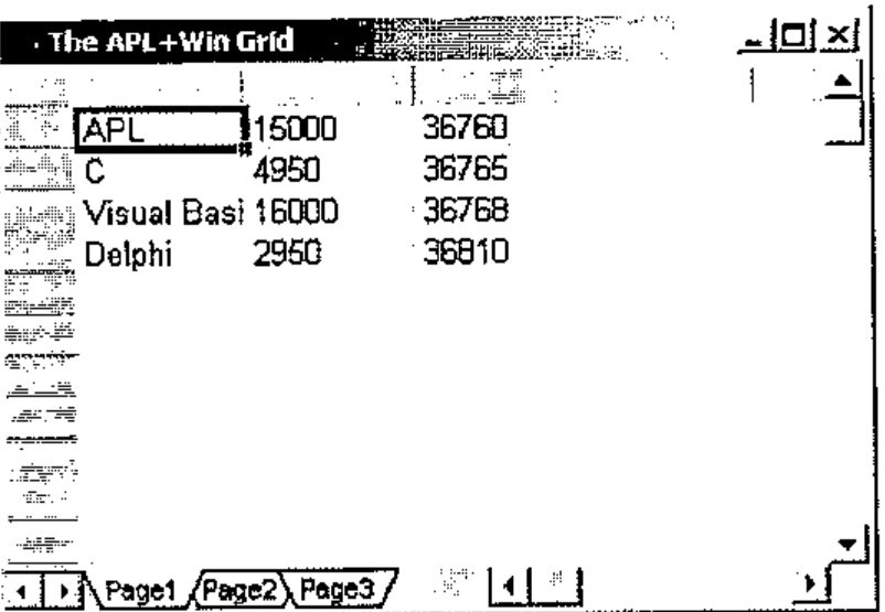 The grid showing the four rows of data from cell 1 1; tabs Page1 to Page3