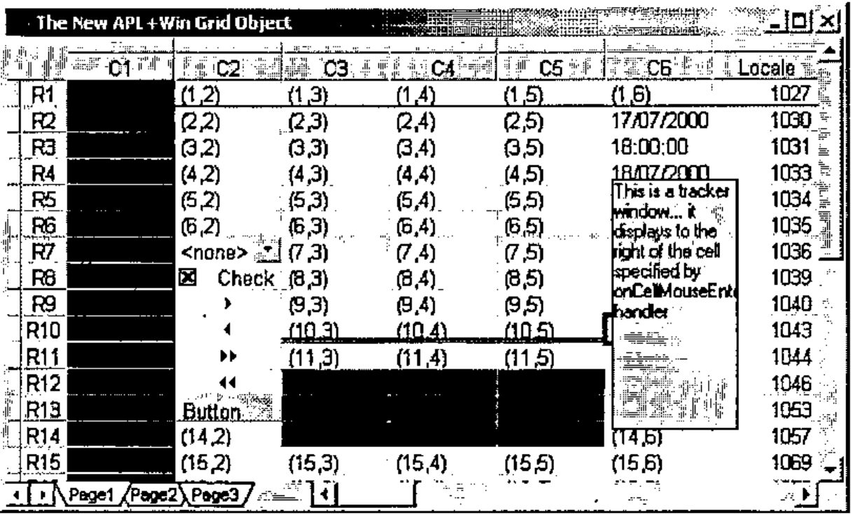 The New APL+Win Grid Object: a grid with columns C1 to C6 and Locale and rows R1 to R15, showing cell coordinates, dates and times, a dropdown, a check box, arrow and button cells, a merged block, a tracking window and the locale numbers 1027 to 1069; tabs Page1 to Page3