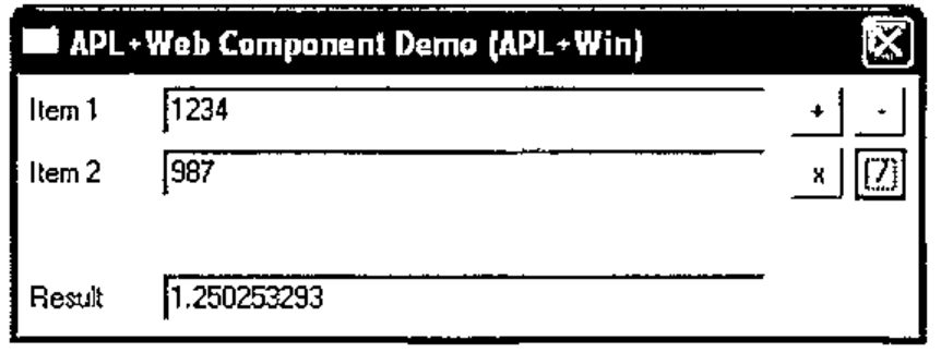 The same form in APL+Win, titled APL+Web Component Demo (APL+Win), Result 1.250253293