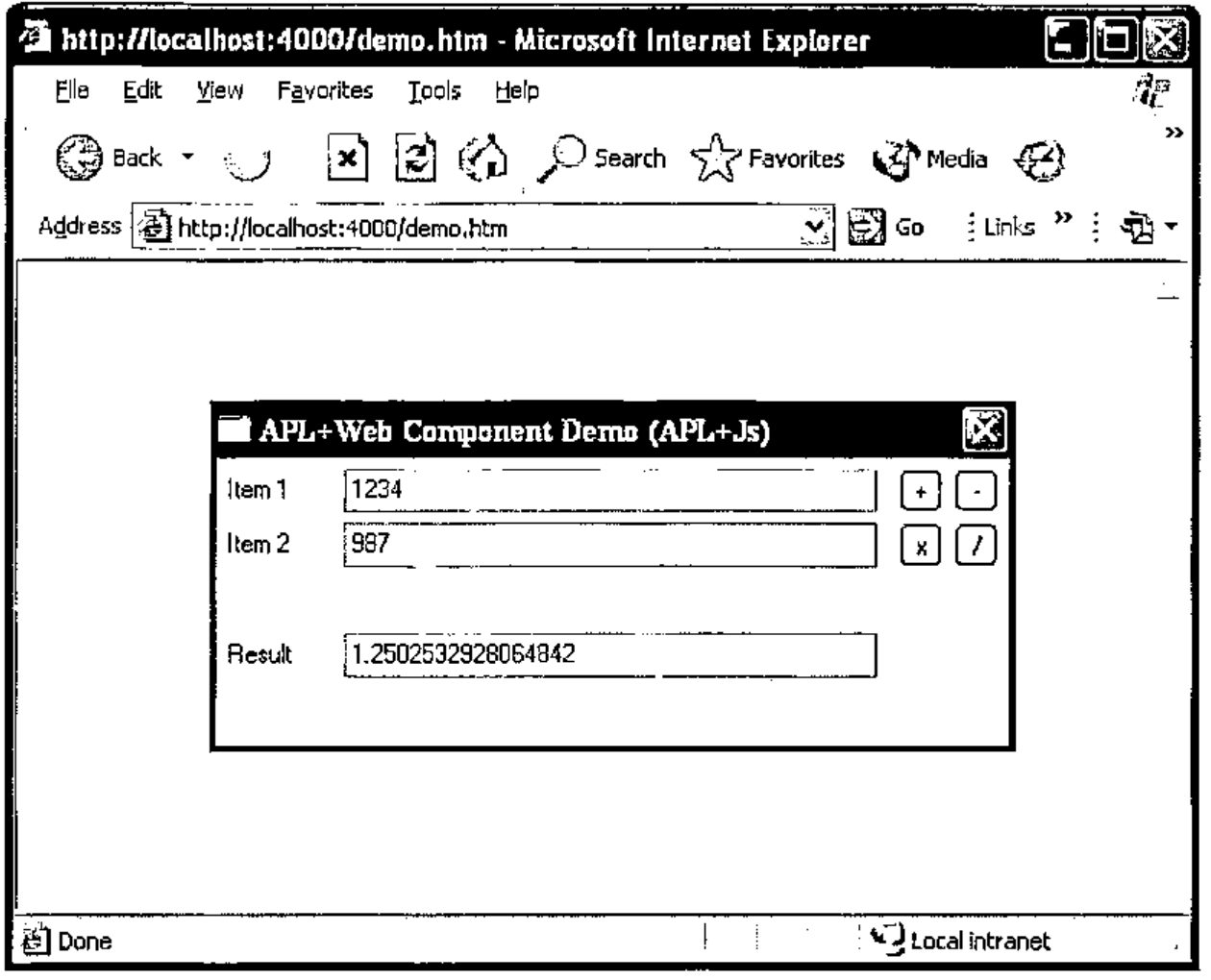 Internet Explorer at http://localhost:4000/demo.htm showing the APL+Web Component Demo (APL+Js) form: Item 1 1234, Item 2 987, Result 1.2502532928064842, with buttons + - x /