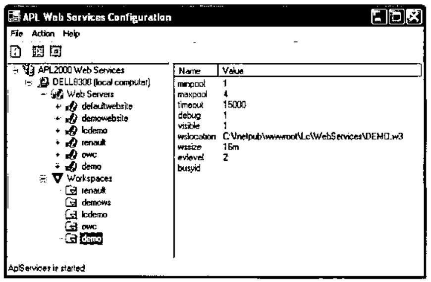APL Web Services Configuration console with the demo workspace selected: minpool 1, maxpool 4, timeout 15000, debug 1, visible 1, wslocation C:\Inetpub\wwwroot\Lc\WebServices\DEMO.w3, wssize 16m, evlevel 2