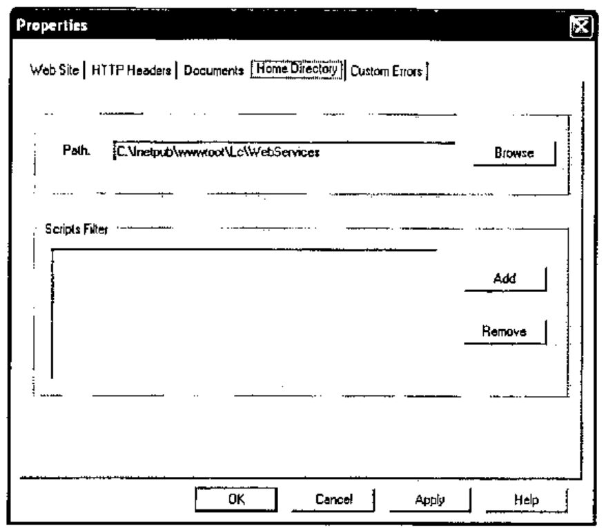 Properties dialog, Home Directory tab: Path C:\Inetpub\wwwroot\Lc\WebServices