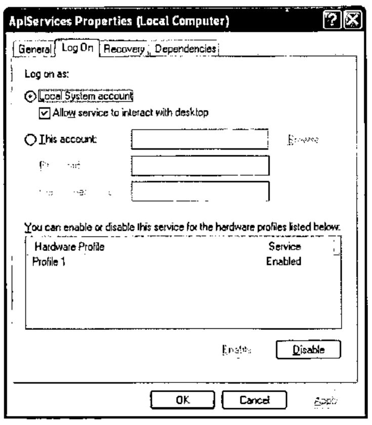 ApIServices Properties dialog, Log On tab: Local System account selected, Allow service to interact with desktop checked