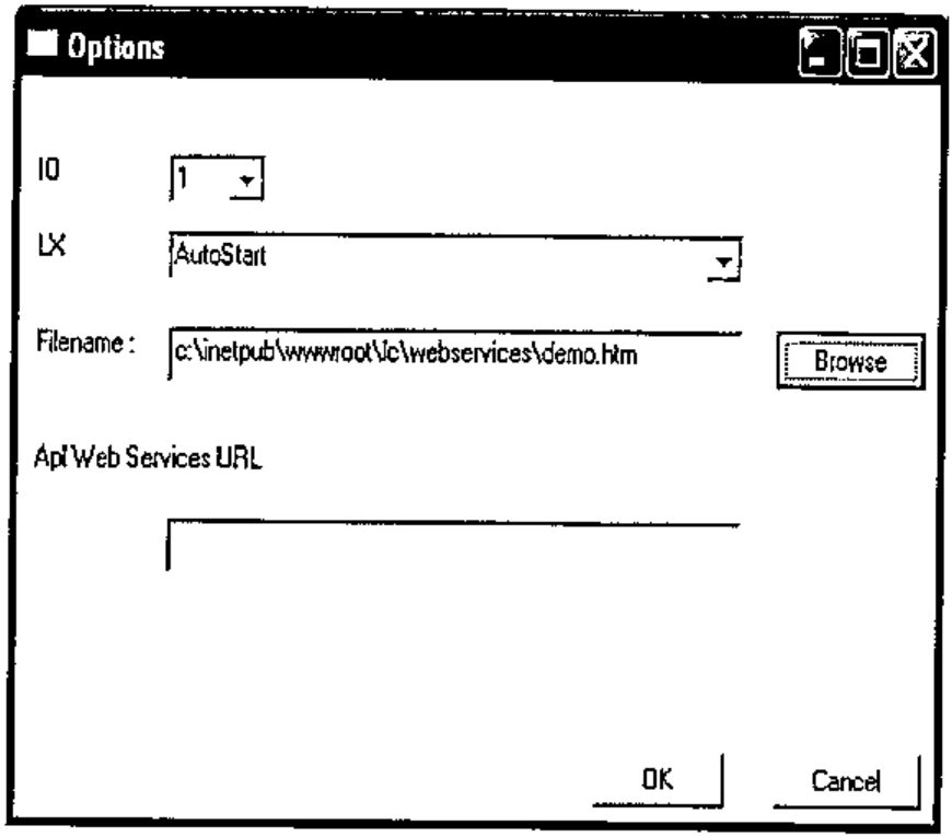 Options dialog: IO 1, LX AutoStart, Filename c:\inetpub\wwwroot\lc\webservices\demo.htm