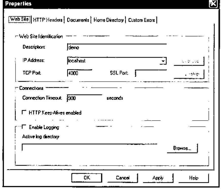 Properties dialog, Web Site tab: Description demo, IP Address localhost, TCP Port 4000, Connection Timeout 900 seconds