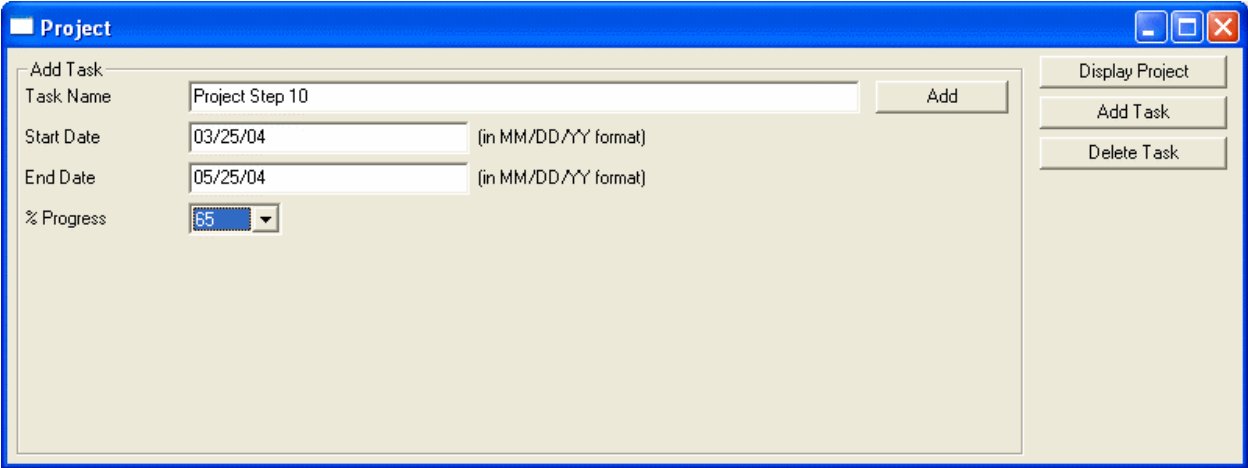 The Add Task frame, with Task Name Project Step 10, Start Date 03/25/04, End Date 05/25/04, % Progress