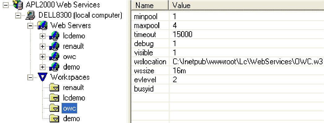 AWS Admin console: the owc workspace and its settings (minpool 1, maxpool 4, timeout 15000, debug 1, visible 1, wslocation C:\Inetpub\wwwroot\Lc\WebServices\OWC.w3, wssize 16m, evlevel 2)