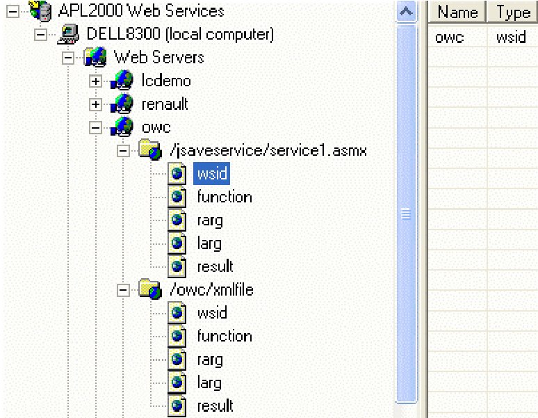 AWS Admin console: the owc Web Server with virtual paths /jsaveservice/service1.asmx and /owc/xmlfile