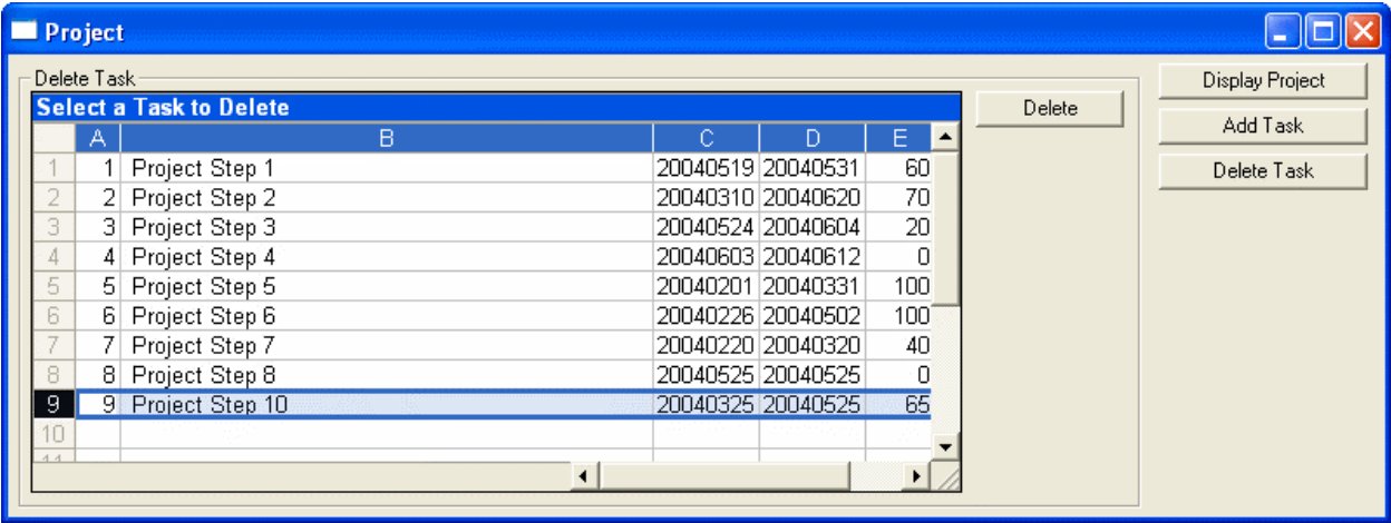 The Delete Task frame: a spreadsheet titled Select a Task to Delete, listing the tasks
