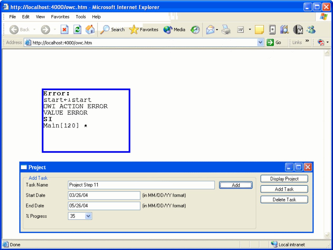 Internet Explorer showing an APL error box: start←⊥start, DWI ACTION ERROR, VALUE ERROR, SI Main[120]