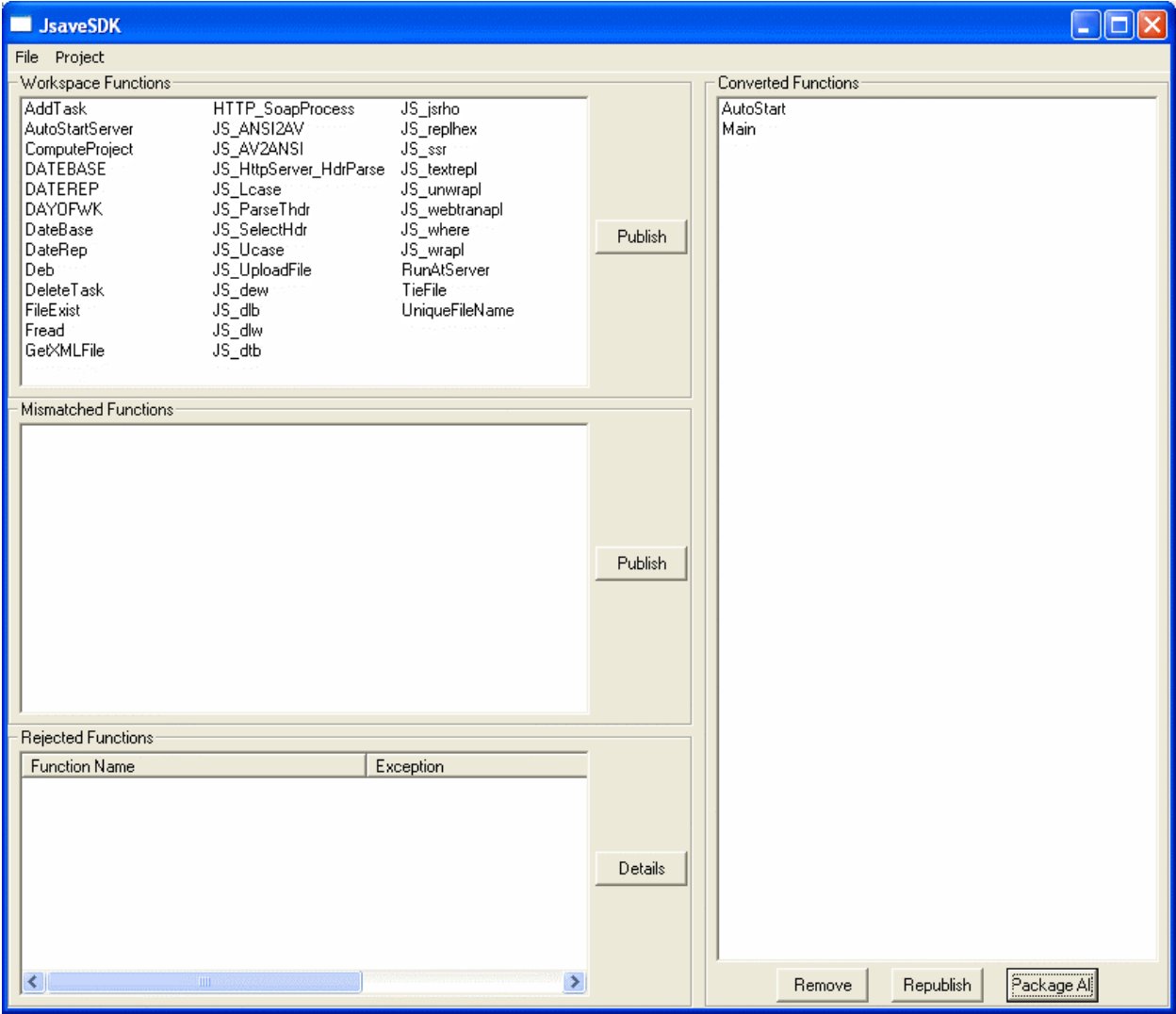 JsaveSDK window with AutoStart and Main under Converted Functions