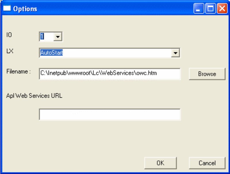 Options dialog: IO 1, LX AutoStart, Filename C:\Inetpub\wwwroot\Lc\WebServices\owc.htm