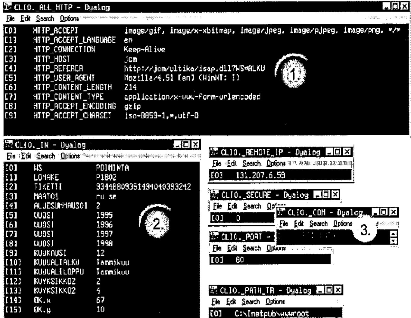 Dyalog editor windows showing ISAP’s variables in namespace CLI0: (1) _ALL_HTTP, the HTTP headers (HTTP_ACCEPT, HTTP_ACCEPT_LANGUAGE en, HTTP_CONNECTION Keep-Alive, HTTP_HOST, HTTP_REFERER, HTTP_USER_AGENT, HTTP_CONTENT_LENGTH 214, HTTP_CONTENT_TYPE, HTTP_ACCEPT_ENCODING gzip, HTTP_ACCEPT_CHARSET); (2) _IN, a 16-row table of form variables and values (WS POIMINTA, LOMAKE P1802, TIKETTI, years 1995–1998, months and so on); (3) _COM, with _REMOTE_IP, _SECURE 0, _PORT 80 and _PATH_TR C:\Inetpub\wwwroot