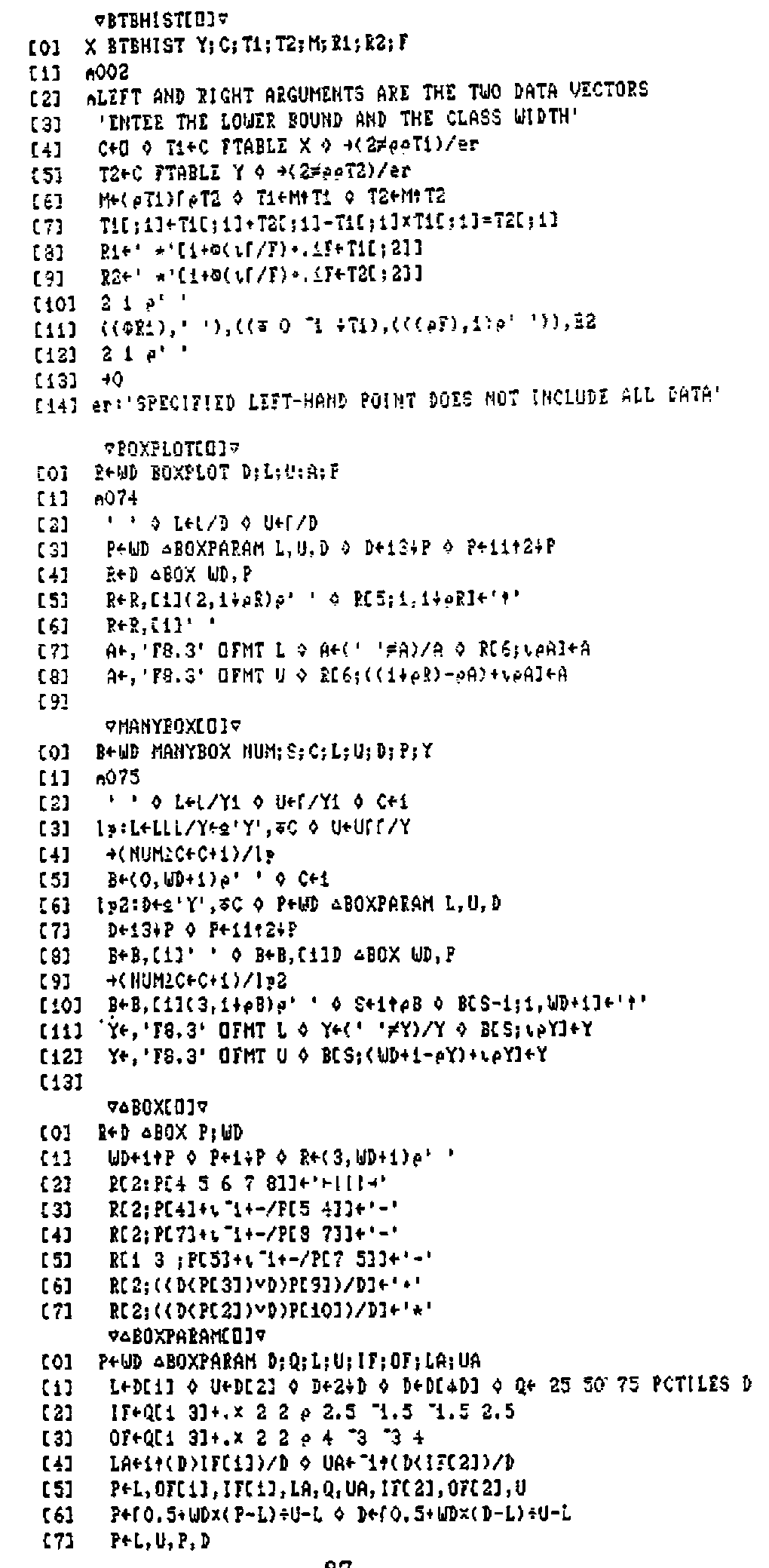 Listings of BTBHIST, BOXPLOT, MANYBOX, ∆BOX and ∆BOXPARAM