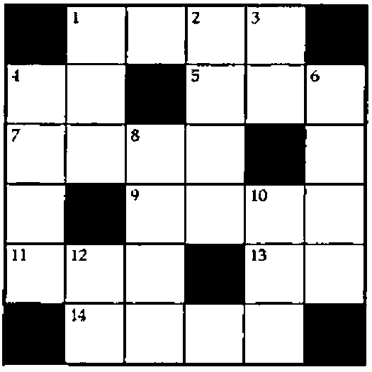 A 6 × 6 crossword grid with black corner squares and numbered squares 1 to 14