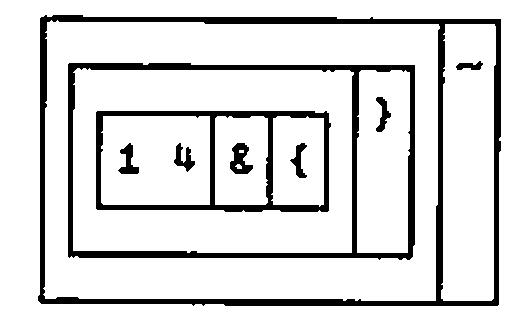 The boxed display of v: a box holding 1 4 & { boxed with }, then ~