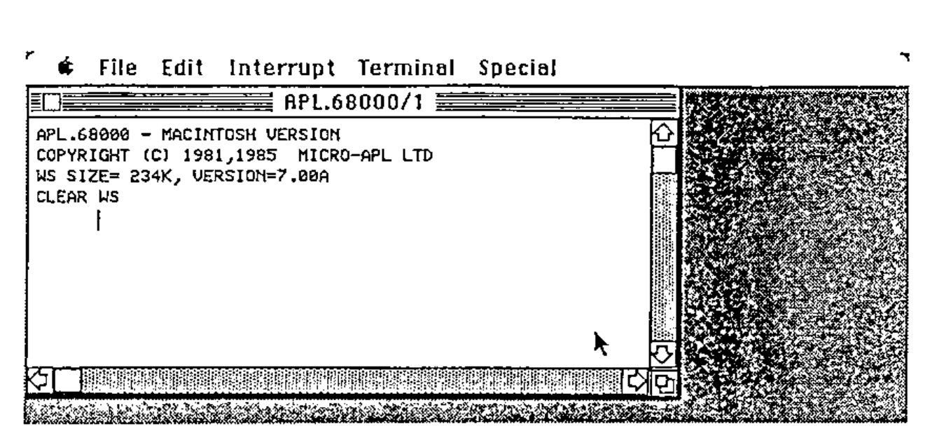 The APL.68000/1 window, with the menu bar File Edit Interrupt Terminal Special, showing APL.68000 – MACINTOSH VERSION, COPYRIGHT (C) 1981,1985 MICRO-APL LTD, WS SIZE= 234K, VERSION=7.00A, CLEAR WS