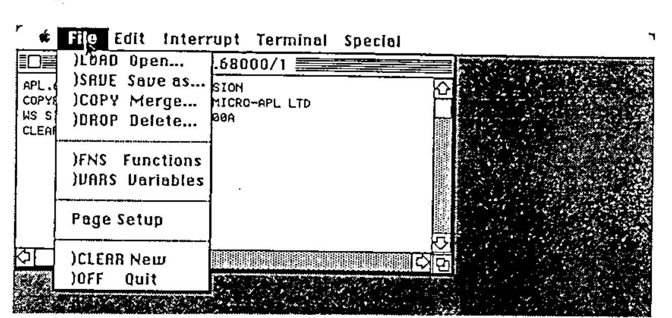 The File menu pulled down: )LOAD Open…, )SAVE Save as…, )COPY Merge…, )DROP Delete…, )FNS Functions, )VARS Variables, Page Setup, )CLEAR New, )OFF Quit