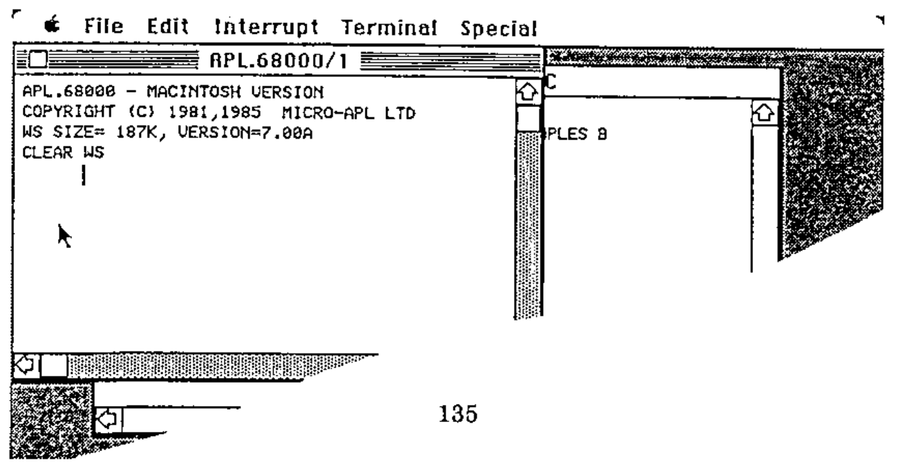 The session window APL.68000/1 brought to the front, the SDCALC window behind it