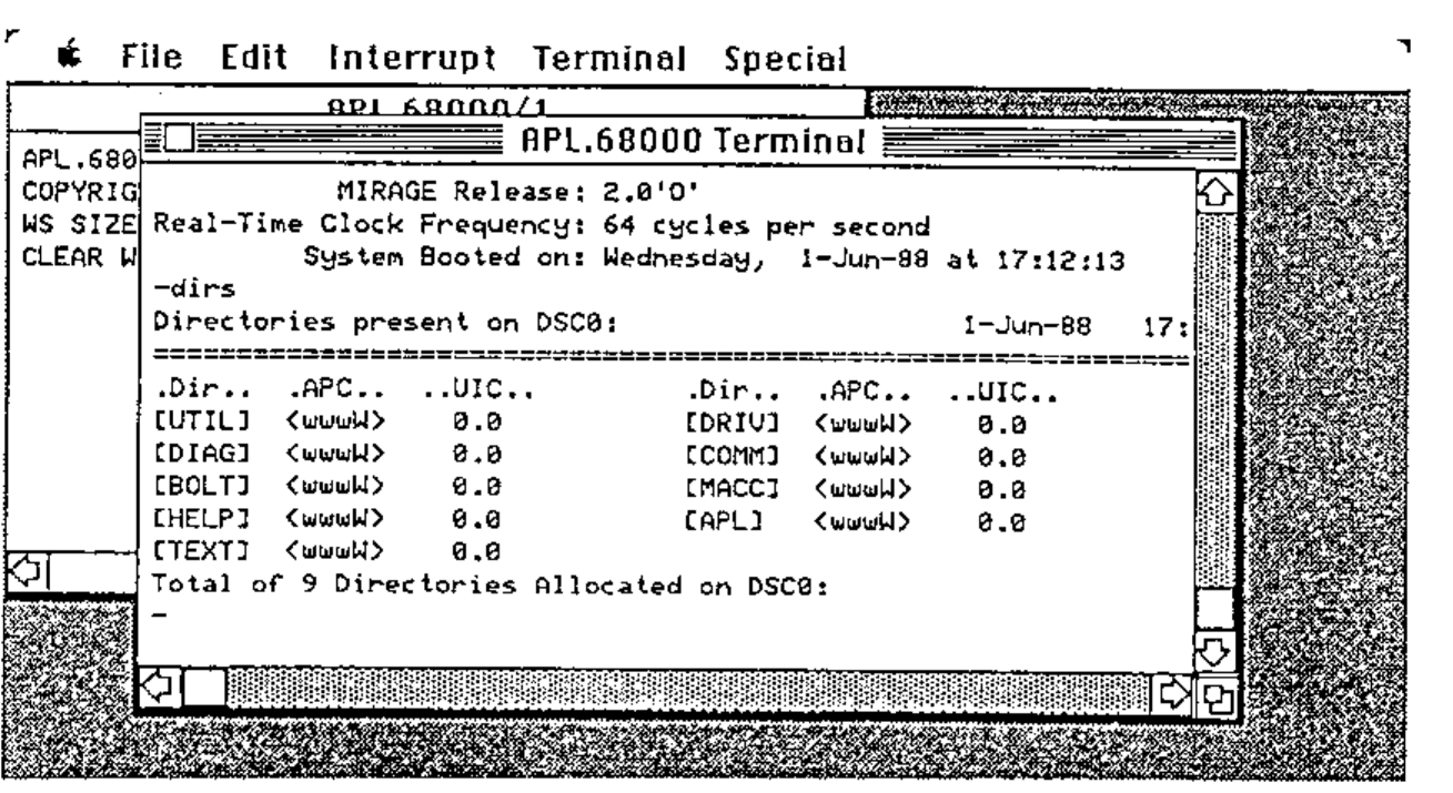 The APL.68000 Terminal window showing a remote MIRAGE system listing its directories on DSC0