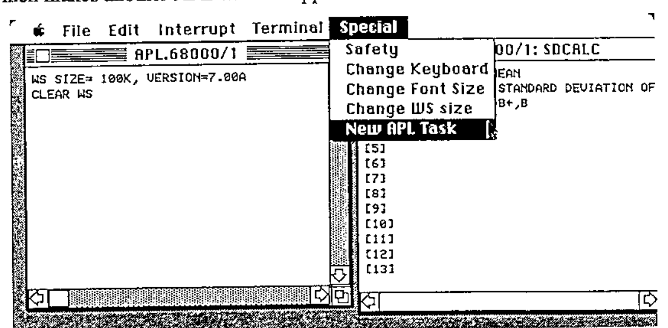 The Special menu pulled down: Safety, Change Keyboard, Change Font Size, Change WS size, New APL Task