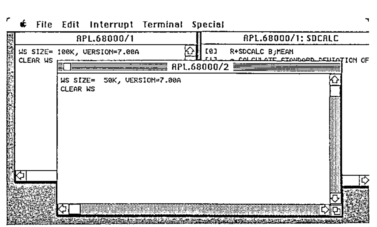 A second session window, APL.68000/2 (WS SIZE= 50K), in front of APL.68000/1 and the SDCALC editing window