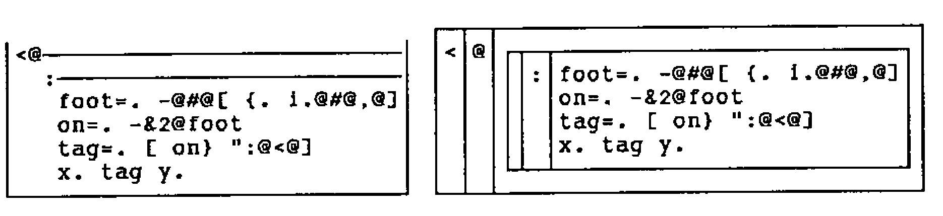 Spanned and boxed displays of the explicit verb <@(: …) whose lines are foot=. -@#@[ {. i.@#@,@] / on=. -&2@foot / tag=. [ on} ":@<@] / x. tag y.
