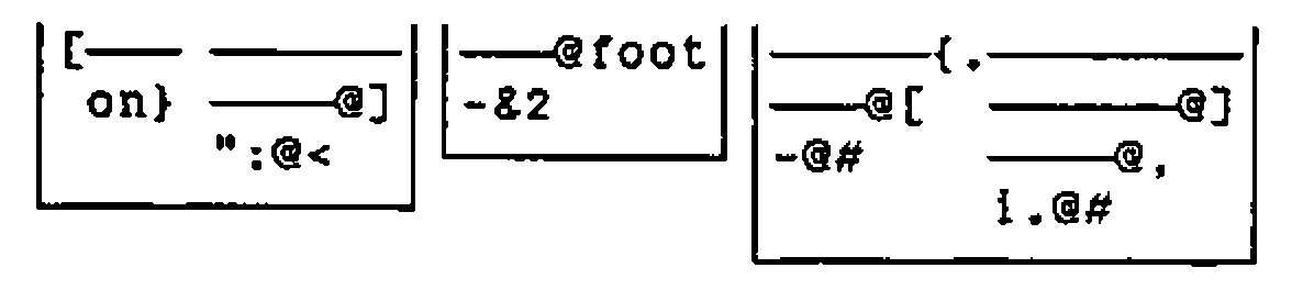 Three compact spanned displays side by side: tag ([ on} ":@<@]), on (-&2@foot) and foot (-@#@[ {. i.@#@,@])