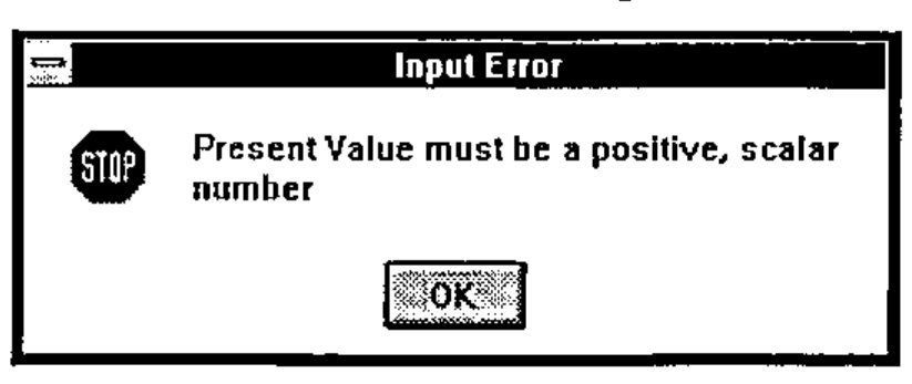 An Input Error message box with a STOP icon: “Present Value must be a positive, scalar number”, and OK