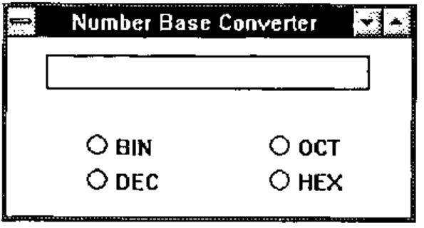 The window with four radio buttons: BIN, OCT, DEC and HEX