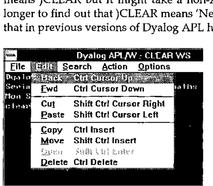The Edit menu: Back (Ctrl Cursor Up), Fwd (Ctrl Cursor Down), Cut, Paste, Copy, Move, Open and Delete, each with its keyboard short-cut