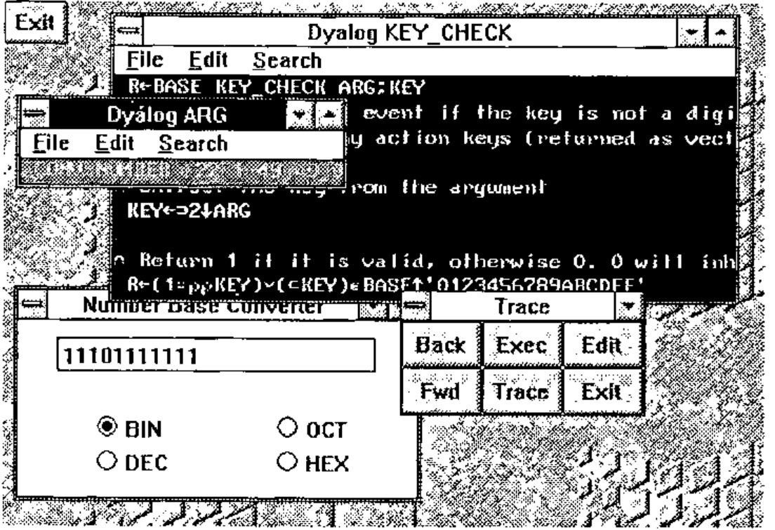 Tracing KEY_CHECK: the trace window with the function, a window watching ARG, the converter, and a Trace control window with Back, Exec, Edit, Fwd, Trace and Exit buttons