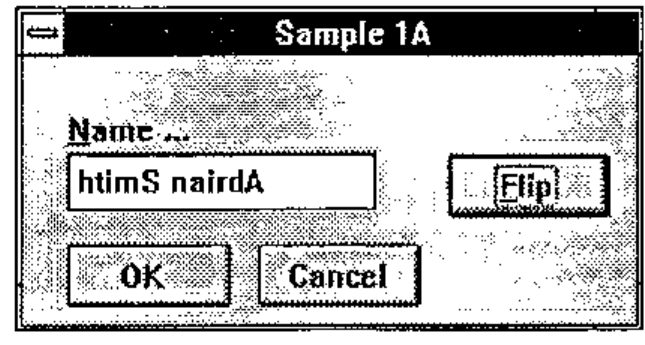 The Sample 1A dialogue: a Name field holding “htimS nairdA”, a Flip button, OK and Cancel